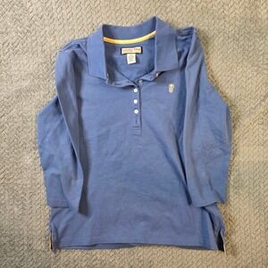 Jamaica Bay Petite PM Blue Polo Top Womens 3/4 Sleeve Stretch Cotton Pineapple